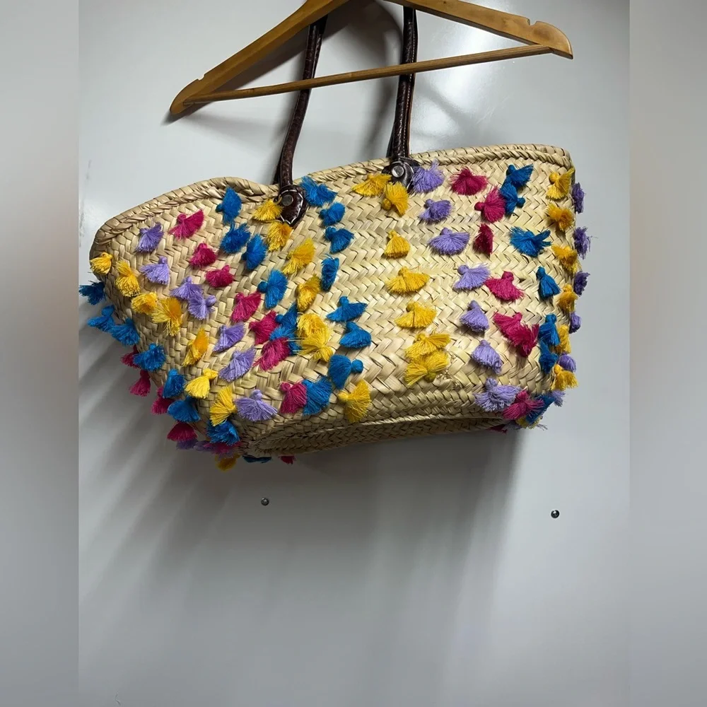 Soeur DU Marco straw tote travel beach bag neutral colorful tassles